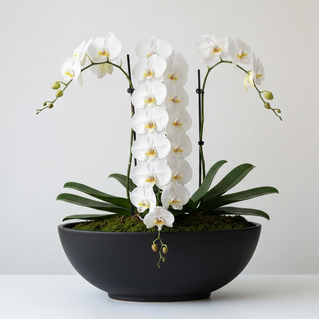 Arranjo de orquídeas cascata em vaso cerâmico